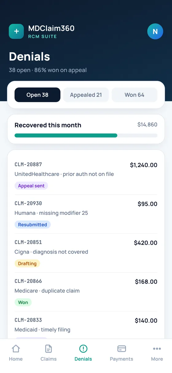 حالات الرفض والطعون في MDClaim360 على هاتف، بيانات تجريبية
